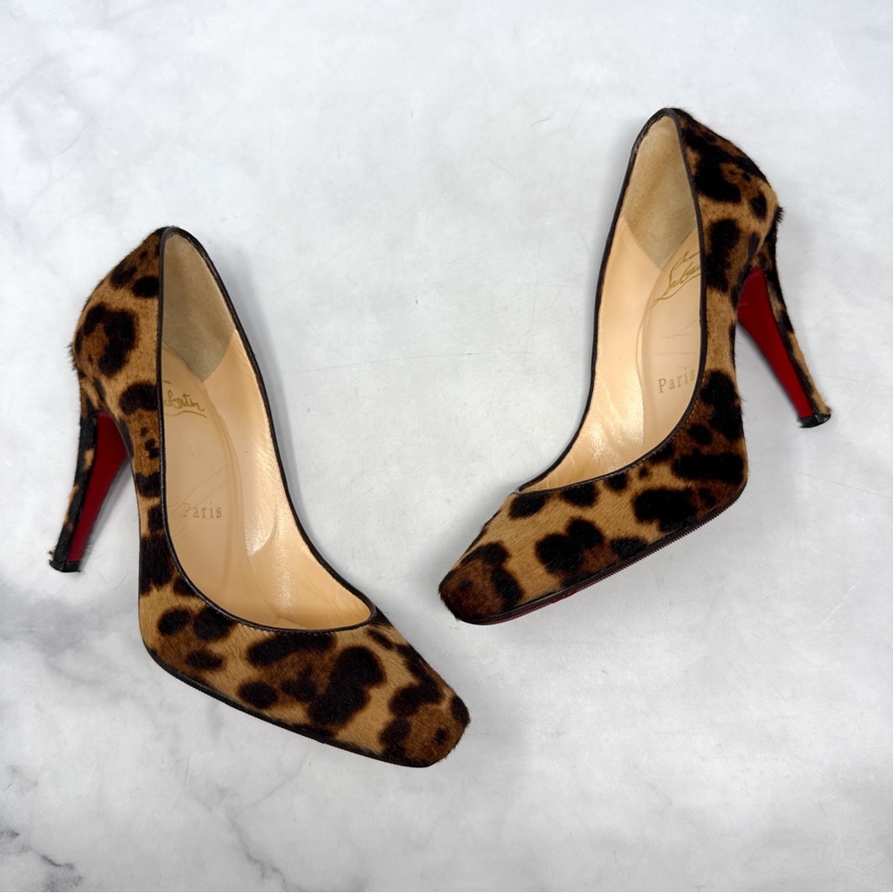 Christian Louboutin Particule 100 Leopard Calf Hair Leather Square Toe Pump Heel